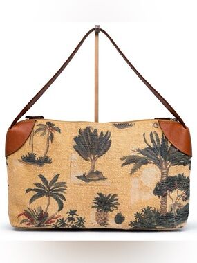 Tommy Bahama Vtg Palm Tree Tapestry Shoulder Bag Leather Trim Tropical Coastal